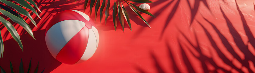 A red and white beach ball is on a red background. The ball is surrounded by palm leaves and a few...