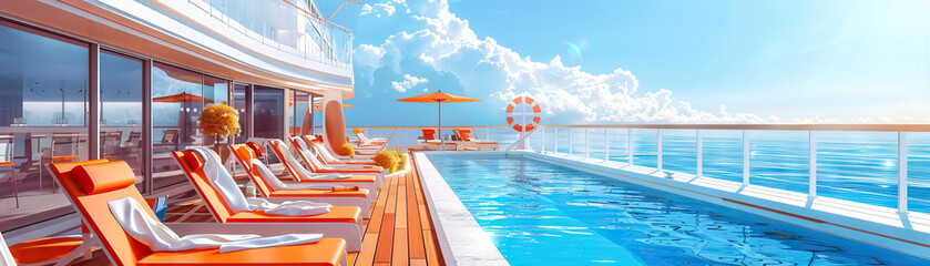 Cruise Ship Deck: Featuring deck chairs, swimming pools, bars, and passengers enjoying the cruise experience Cruise Ship Deck: Featuring deck chairs, swimming pools, bars, and passengers enjoying the cruise experience