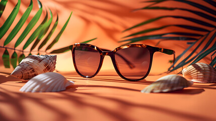A pair of sunglasses is on a table next to some shells. The sunglasses are brown and have a cat-eye...