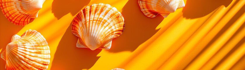 A row of orange shells on a yellow background. The shells are arranged in a way that creates a...
