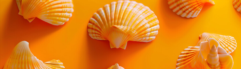 A close up of a bunch of orange shells on a yellow background. The shells are arranged in a way...