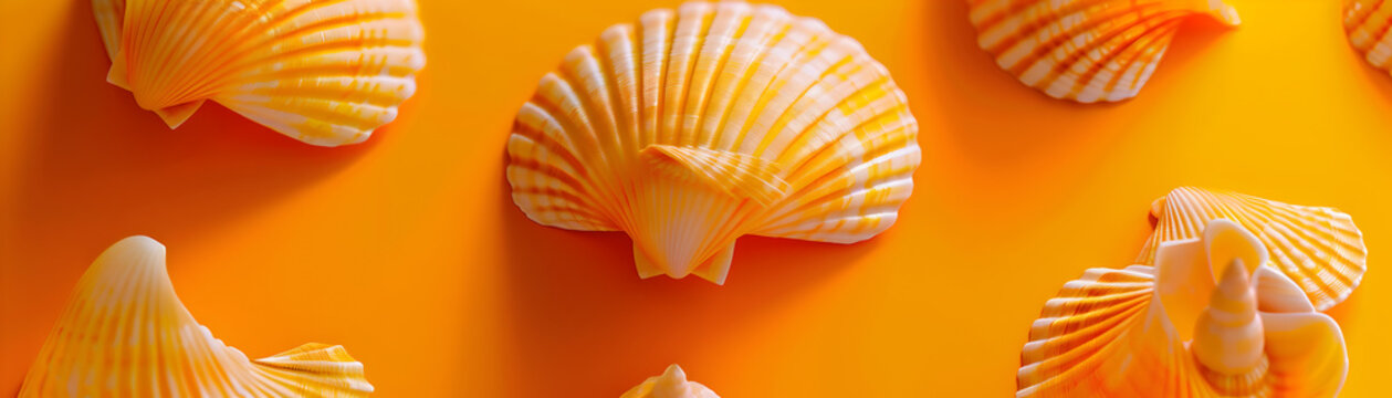 A close up of a bunch of orange shells on a yellow background. The shells are arranged in a way that they look like they are floating on the surface of the yellow background