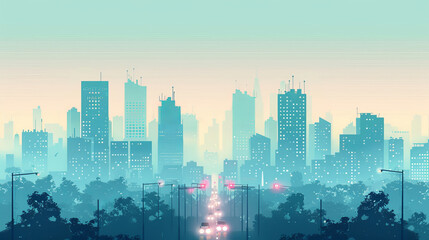 Fototapeta premium Abstract illustration of a modern urban city skyline with high-rise buildings and a gradient sky, depicting a futuristic cityscape.