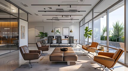 Fototapeta premium A modern office space with sleek furniture and large windows, generative AI.....
