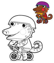 cartoon scene with happy funny dinosaur  dino lizard dragon kid having fun riding bicycle bike childhood  playing kindergarten  isolated background colorful illustration coloring page with preview