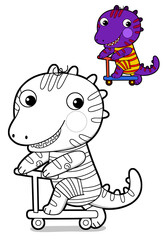cartoon scene with happy funny dinosaur  dino lizard dragon kid having fun riding scooter childhood  playing kindergarten  isolated background colorful illustration coloring page with preview