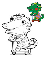 cartoon scene with happy funny dinosaur  dino lizard dragon kid having fun riding scooter childhood  playing kindergarten  isolated background colorful illustration coloring page with preview