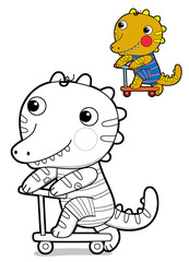 cartoon scene with happy funny dinosaur  dino lizard dragon kid having fun riding scooter childhood  playing kindergarten  isolated background colorful illustration coloring page with preview