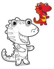 cartoon scene with happy funny dinosaur  dino lizard dragon kid having fun childhood  playing kindergarten  isolated background colorful illustration coloring page with preview