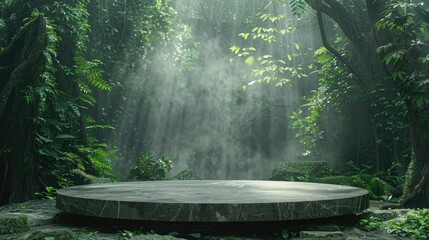 Elegant product podium set against a mystical forest background, featuring lush greenery and ethereal fog