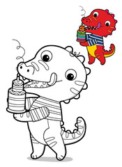 cartoon scene with happy funny dinosaur  dino lizard dragon kid having fun eating birthday cake childhood  playing kindergarten  isolated background colorful illustration coloring page with preview