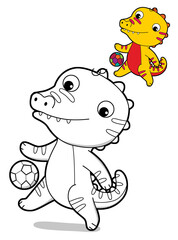 cartoon scene with happy funny dinosaur  dino lizard dragon kid having fun playing football soccer childhood  playing kindergarten  isolated background colorful illustration coloring page with preview