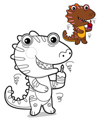 cartoon scene with happy funny dinosaur  dino lizard dragon kid having fun eating birthday cake childhood  playing kindergarten  isolated background colorful illustration coloring page with preview