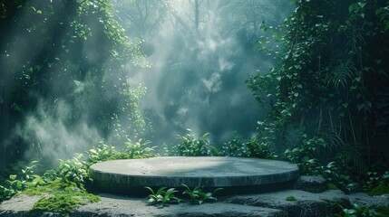 Elegant product podium set against a mystical forest background, featuring lush greenery and ethereal fog