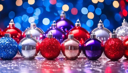 Colorful Christmas baubles in red, blue, and silver with glitter and bokeh lights, creating a festive and joyful holiday scene.