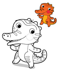 cartoon scene with happy funny dinosaur  dino lizard dragon kid having fun childhood  playing kindergarten  isolated background colorful illustration coloring page with preview
