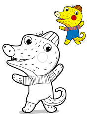 cartoon scene with happy funny dinosaur  dino lizard dragon kid having fun childhood  playing kindergarten  isolated background colorful illustration coloring page with preview