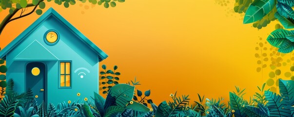 Smart home device displayed in a modern animated household scene with bright colors and greenery