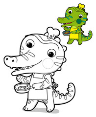 cartoon scene with happy funny dinosaur  dino lizard dragon kid having fun childhood  playing kindergarten  isolated background colorful illustration coloring page with preview