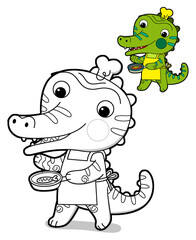 cartoon scene with happy funny dinosaur  dino lizard dragon kid having fun childhood  playing kindergarten  isolated background colorful illustration coloring page with preview