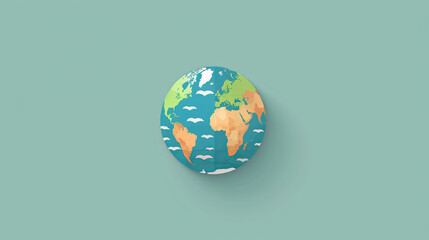 Colorful world globe on a green background. Earth with continents and ocean illustrations, symbolizing global connectivity.