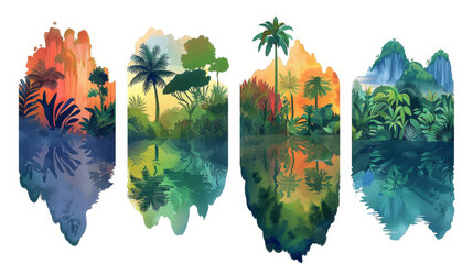 Colorful watercolor landscape painting showcasing four distinct tropical rainforest scenes with lush vegetation and reflections.