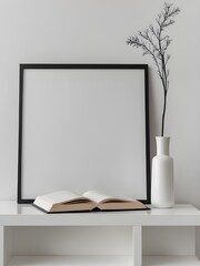 Mockup poster frame close up leaning against the white wall, interior mockup design, frame mockup
