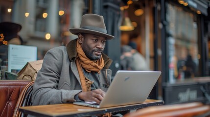 A man in a hat and scarf works on his laptop while seated at an outdoor cafe table in an urban...