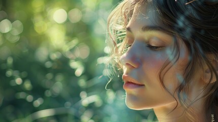 A woman with long hair is looking at the camera
