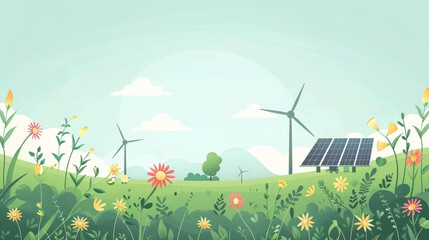 Illustration of a sustainable landscape with wind turbines and solar panels, showcasing renewable energy within a vibrant, green environment.
