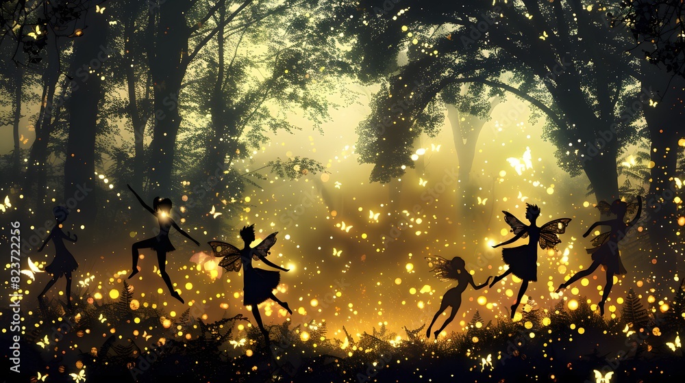 Poster a magical forest scene with fairies dancing among the trees and fireflies glowing in the dusk..., ge