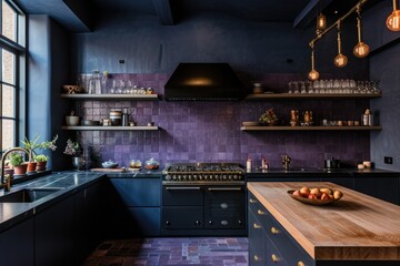 Modern Kitchen Interior with Copper Accents and Purple Tiles