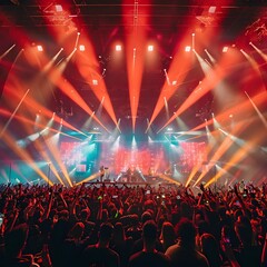Electrifying Music Festival with Vibrant Lighting and Enthusiastic Crowd Immersed in the Lively Performance