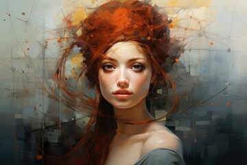 Digital painting of a woman with an abstract hairdo, combining realism with modern art elements
