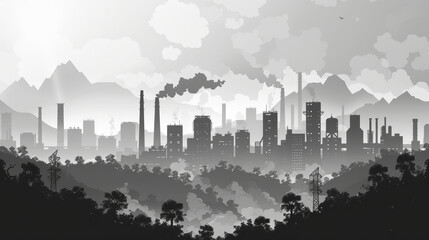 Monochromatic image of an industrial cityscape with factories emitting smoke, juxtaposed with a forest in the foreground under cloudy skies.