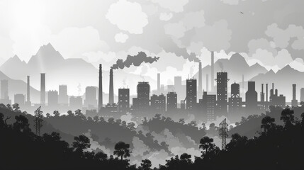 Fototapeta premium Monochromatic image of an industrial cityscape with factories emitting smoke, juxtaposed with a forest in the foreground under cloudy skies.