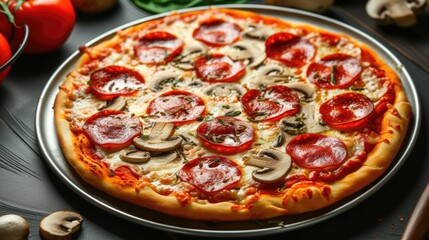 Pepperoni Pizza with Mushrooms on Wooden Table