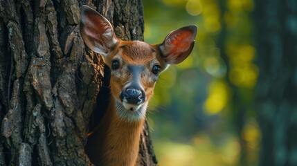 A curious deer peeks out from behind a tree, its eyes wide with wonder