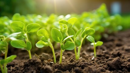 Fresh Young Pea Plants Sprouting in Fertile Soil. Arbor Day