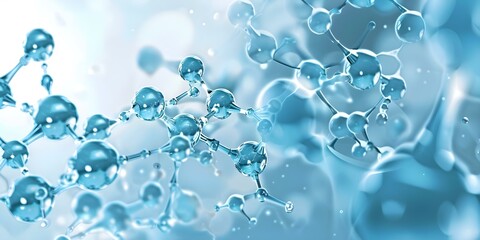 Blue molecular structures and DNA model on liquid serum background. Concept Abstract Art, Science Inspiration, Molecular Structures, Genetic Code, Liquid Background
