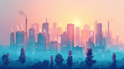 Vibrant cityscape at sunrise with glowing buildings, misty ambiance, and soft pastel colors blending into the sky.