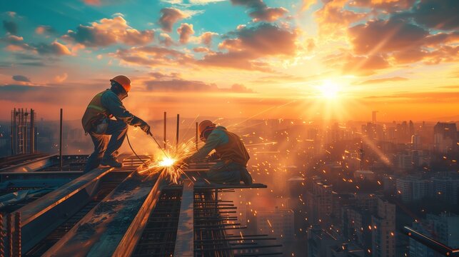 Construction welders are skillfully welding metal beams on a high rise building
