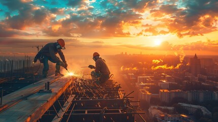 Construction welders are skillfully welding metal beams on a high rise building, against the backdrop of a bustling cityscape.