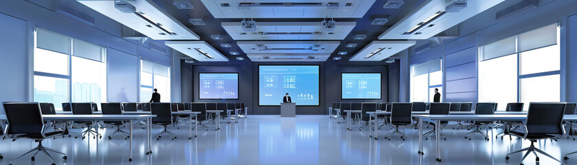 Fototapeta premium Corporate Training Center Floor: Featuring training rooms, presentation screens, seminar setups, and trainers conducting sessions