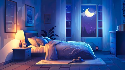 A cozy bedroom with dim lighting and a sleeping pet curled up at the foot of the bed.