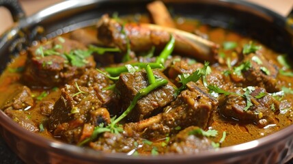 Beef stew with vegetables and herbs in a cooking pot.