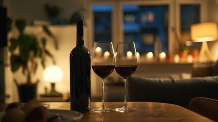 A bottle of red wine and two glasses on a wooden table in a cozy home.