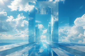 Illustration of  corridor leading towards the sky with glass walls