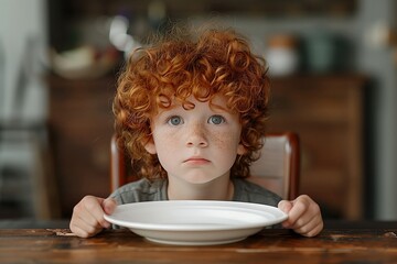 Adorable Redheaded Child with Freckles Holding Empty Plate, Waiting for Food in Rustic Kitchen Setting with Warm Lighting, Childhood Innocence, Homey Atmosphere