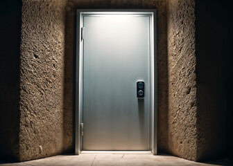 stainless steel door is closed in a dark room with stone walls